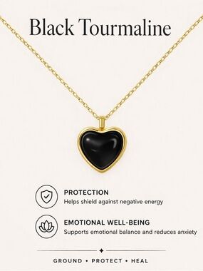 Black Tourmaline Heart Pendant Necklace Gold Chain Natural Gemstone